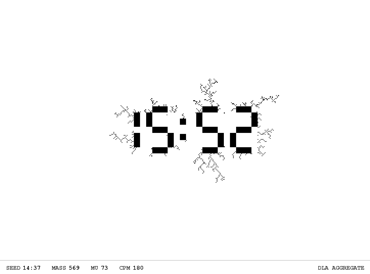 Diffusion limited aggregation growing a dendritic pattern on the e-ink display.