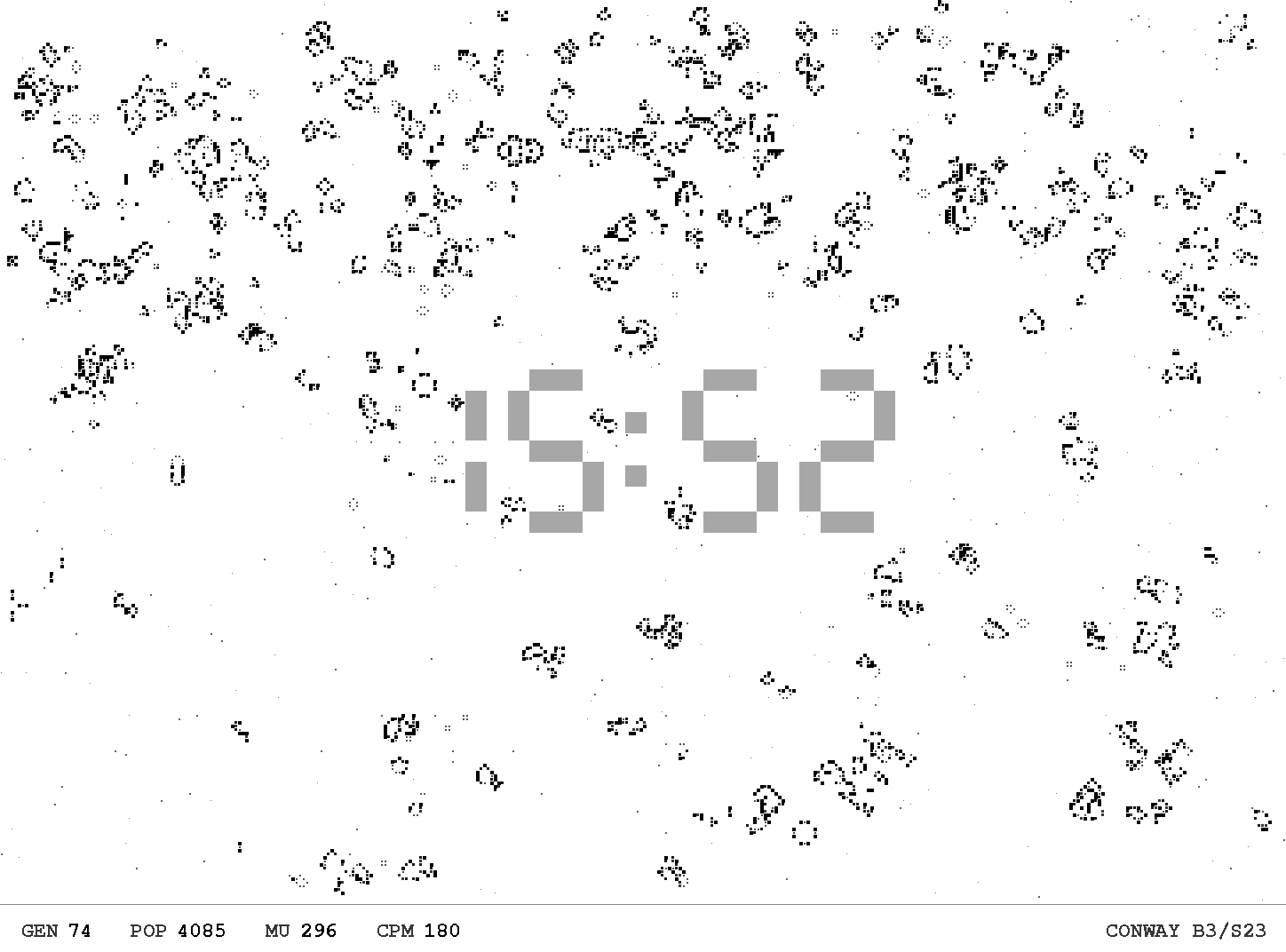 Conway's Game of Life running full screen on the e-ink display.