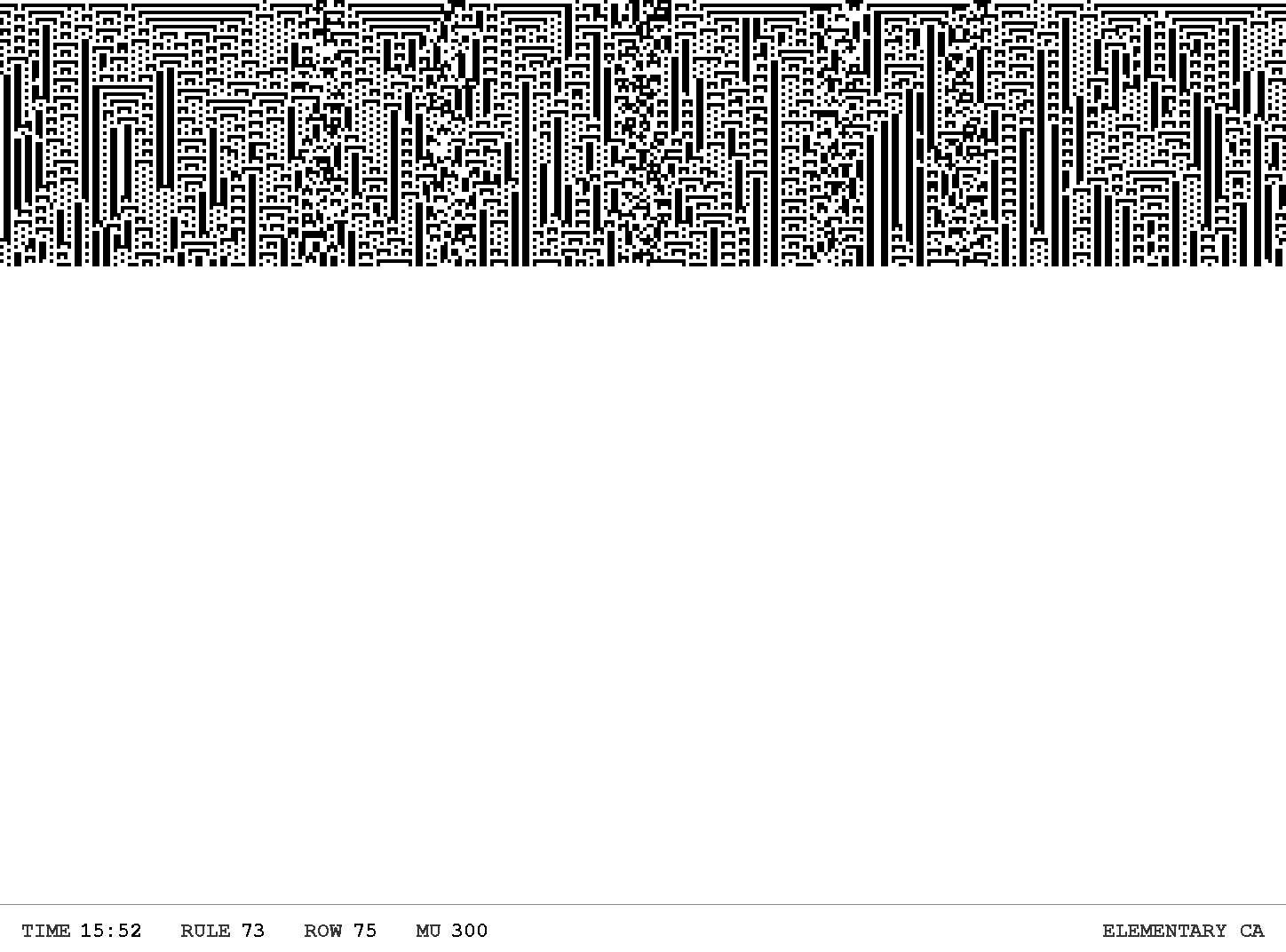 Rule 30 cellular automaton scrolling down the e-ink display.