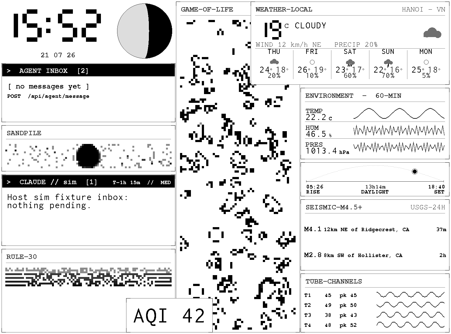 Default home dashboard layout, black on white: clock, Game of Life column, weather, environment, seismic, tube channels.