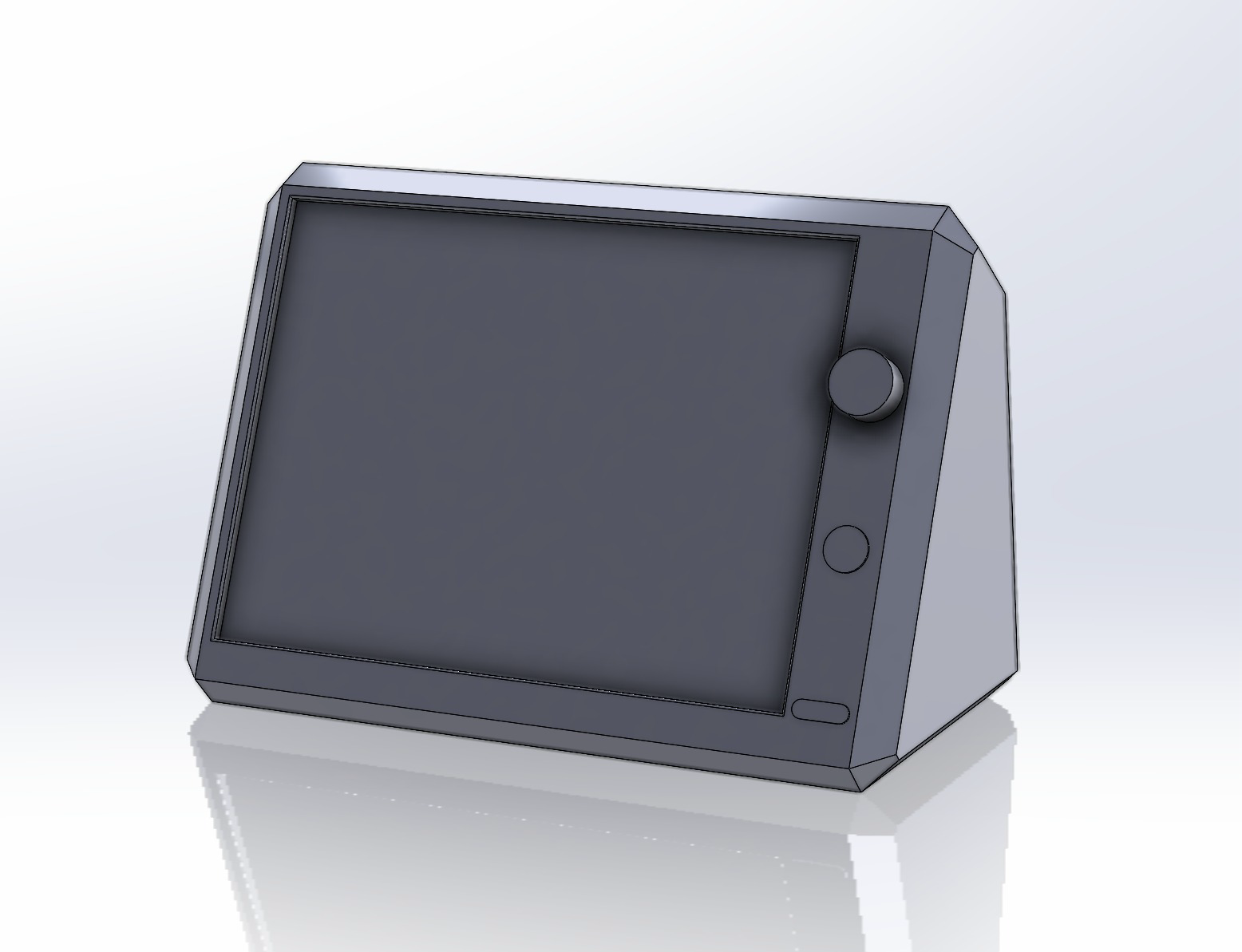 Muon Sortes cosmic ray decision clock: render of the wedge-shaped desk unit with a large e-ink face, a control knob, and a button.